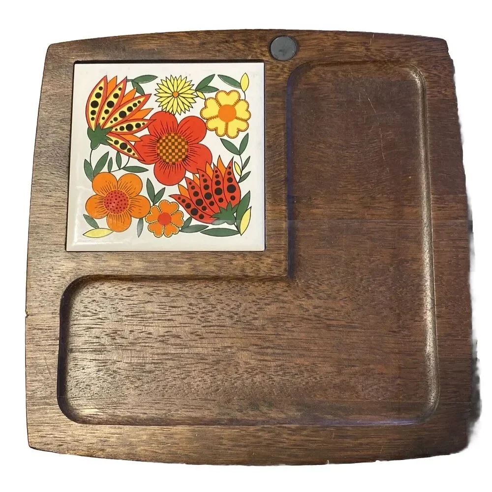 Vintage Retro Wood Cheese Charcuterie Board W Taunton Vale Flower Tile MCM Hippi